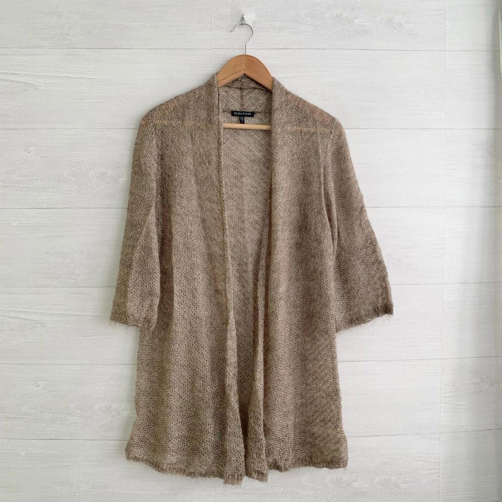 Eileen Fisher - Golden Taupe Short Sleeve Open Front Mohair Lace Knit Sweater, M